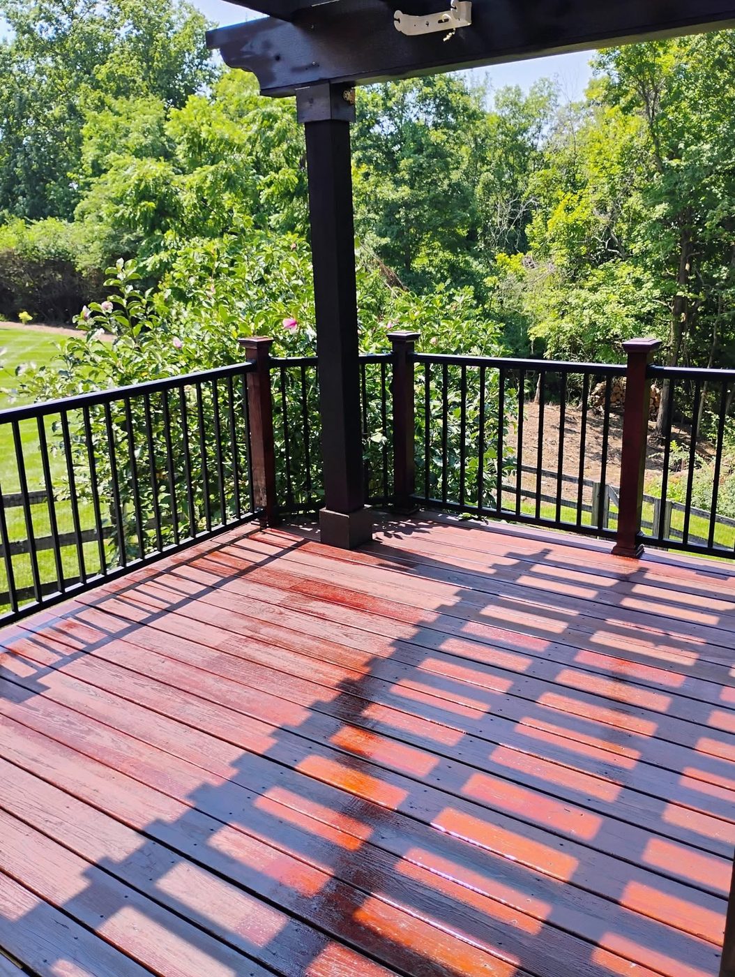 Stained deck floor and black railing in afternoon sun